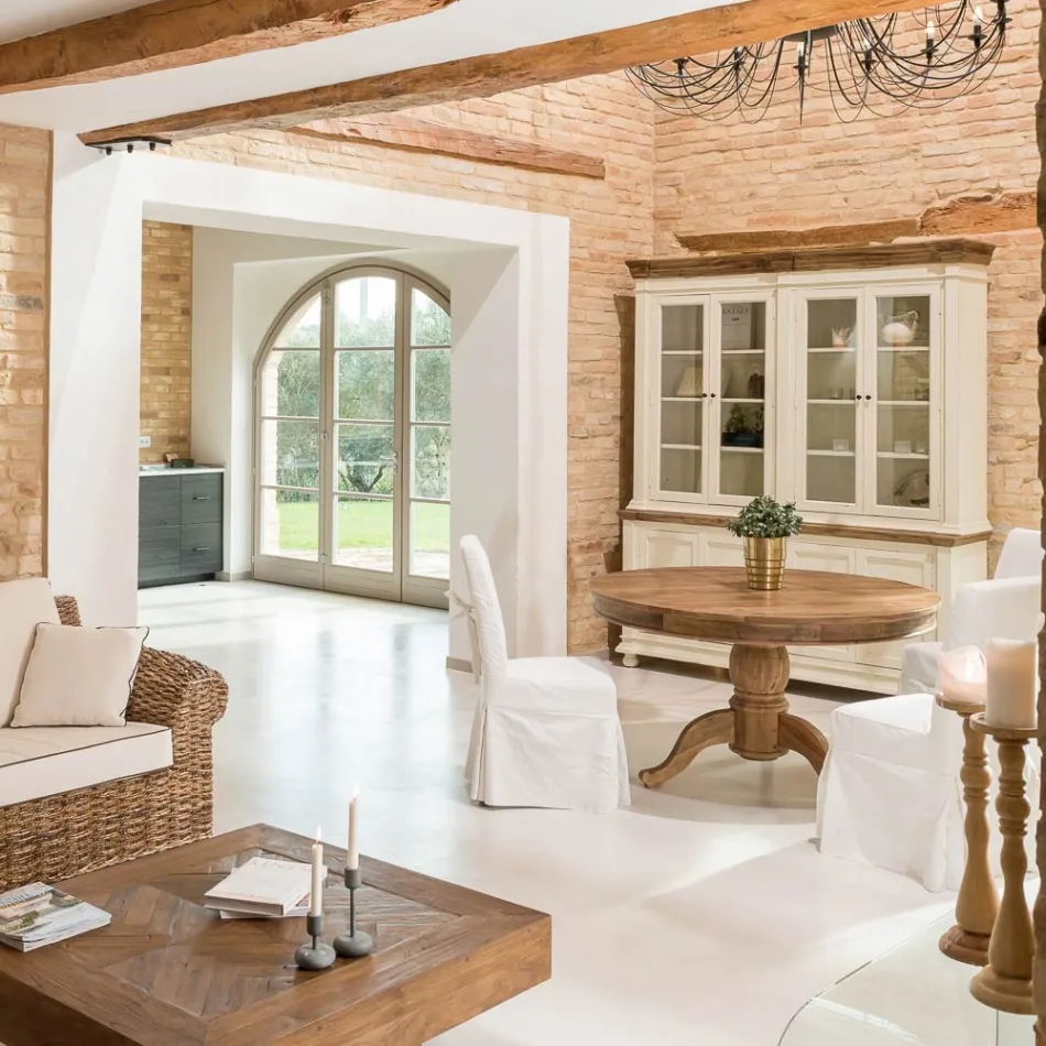 Mesa de Jantar Redonda em Madeira Tropical Reciclada com Base Central - Slide Viadurini