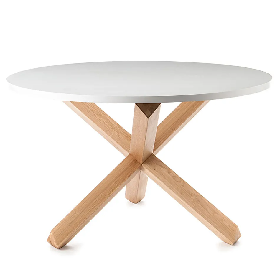 Mesa de Jantar Redonda em Matt White Mdf e Solid Wood - Dante Viadurini