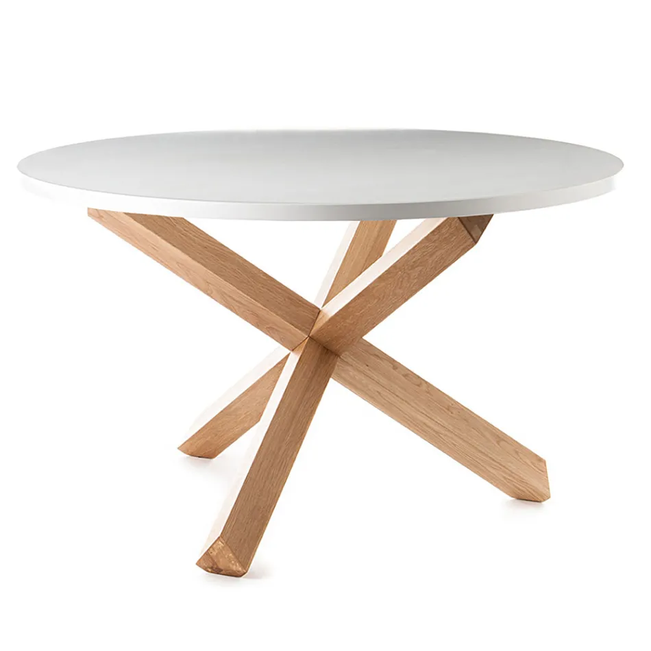 Mesa de Jantar Redonda em Matt White Mdf e Solid Wood - Dante Viadurini