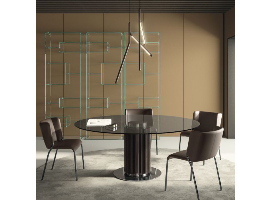 Mesa de jantar redonda em vidro fumê com base em madeira Made in Italy - Rondo Viadurini