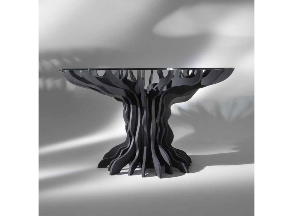 Cássia mesa de jantar redonda, tampo de madeira preta e tampo de cristal Viadurini