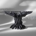 Moderna mesa de jantar redonda Cassia com base de madeira preta e tampo de cristal