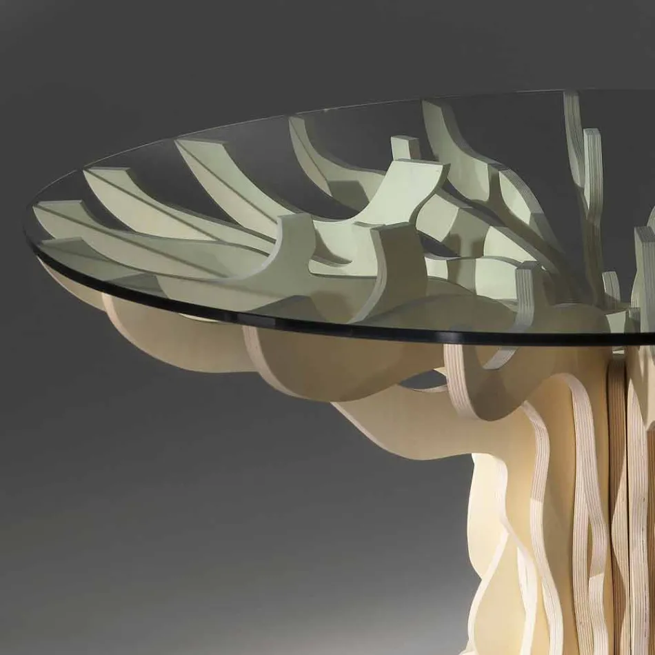 Mesa de jantar redonda de madeira com tampo de vidro temperado Viadurini