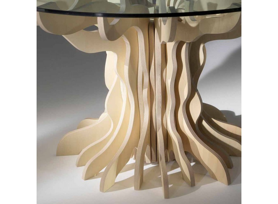 Mesa de jantar redonda de madeira com tampo de vidro temperado Viadurini