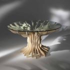 Mesa de jantar redonda de madeira com tampo de vidro temperado Viadurini