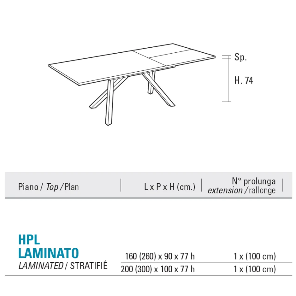 Mesa de sala extensível 260 ou 300 cm em metal e HPL - Borgo Viadurini