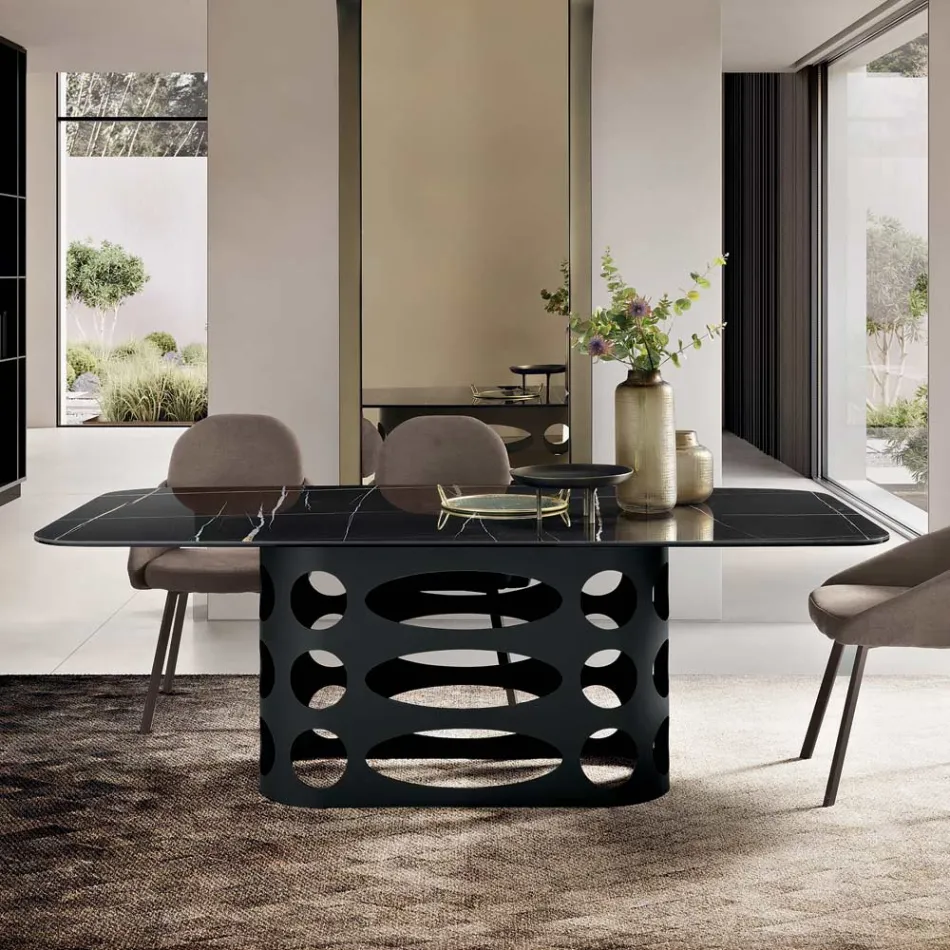 Mesa fixa 210x110 cm com tampo cerâmico com efeito mármore - Tano Viadurini