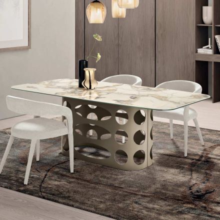 Mesa fixa 210x110 cm com tampo cerâmico com efeito mármore - Tano Viadurini