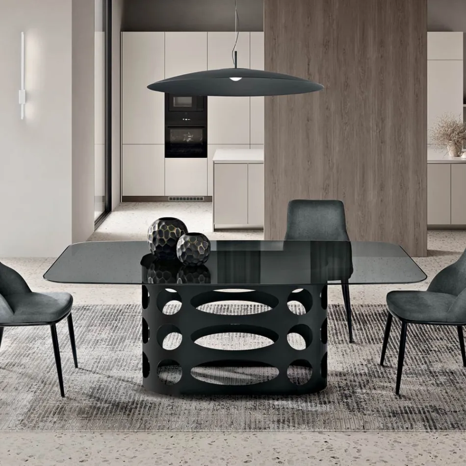 Mesa fixa 210x110 cm com tampo de vidro fumê liso, fabricada na Itália - Tano Viadurini