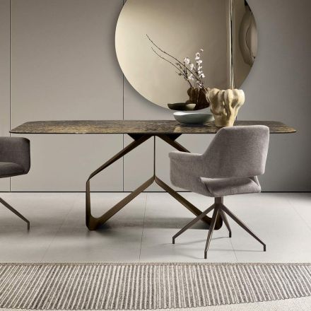 Mesa fixa 210x110 cm com tampo de vidro martelado e base de metal - Adriano Viadurini