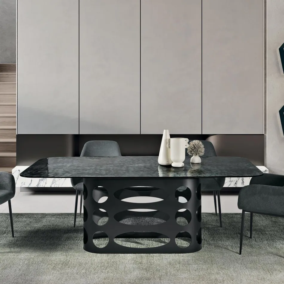 Mesa fixa 210x110 cm com tampo de vidro martelado, fabricada na Itália - Tano Viadurini