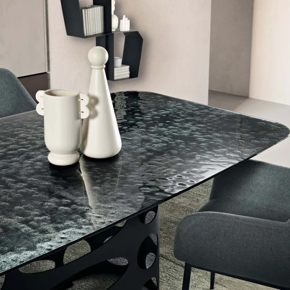 Mesa fixa 210x110 cm com tampo de vidro martelado, fabricada na Itália - Tano Viadurini