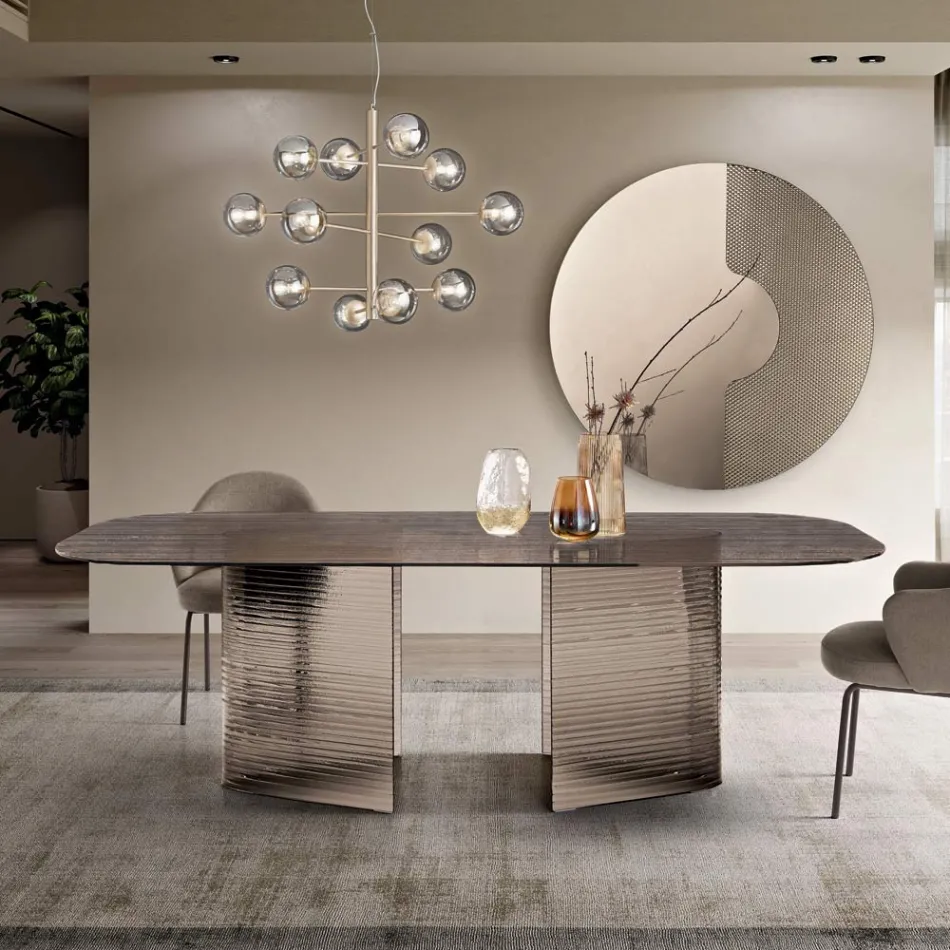 Mesa fixa 240x120 cm em vidro canelado transparente, fabricada na Itália - Varo Viadurini