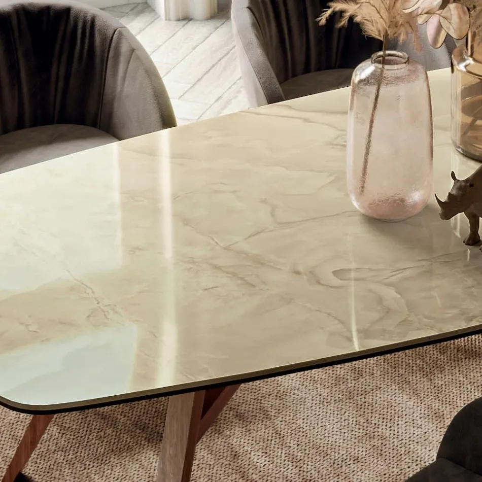 Mesa fixa em formato de barril com base de cinza de nogueira Canaletto fabricada na Itália - Norte Viadurini