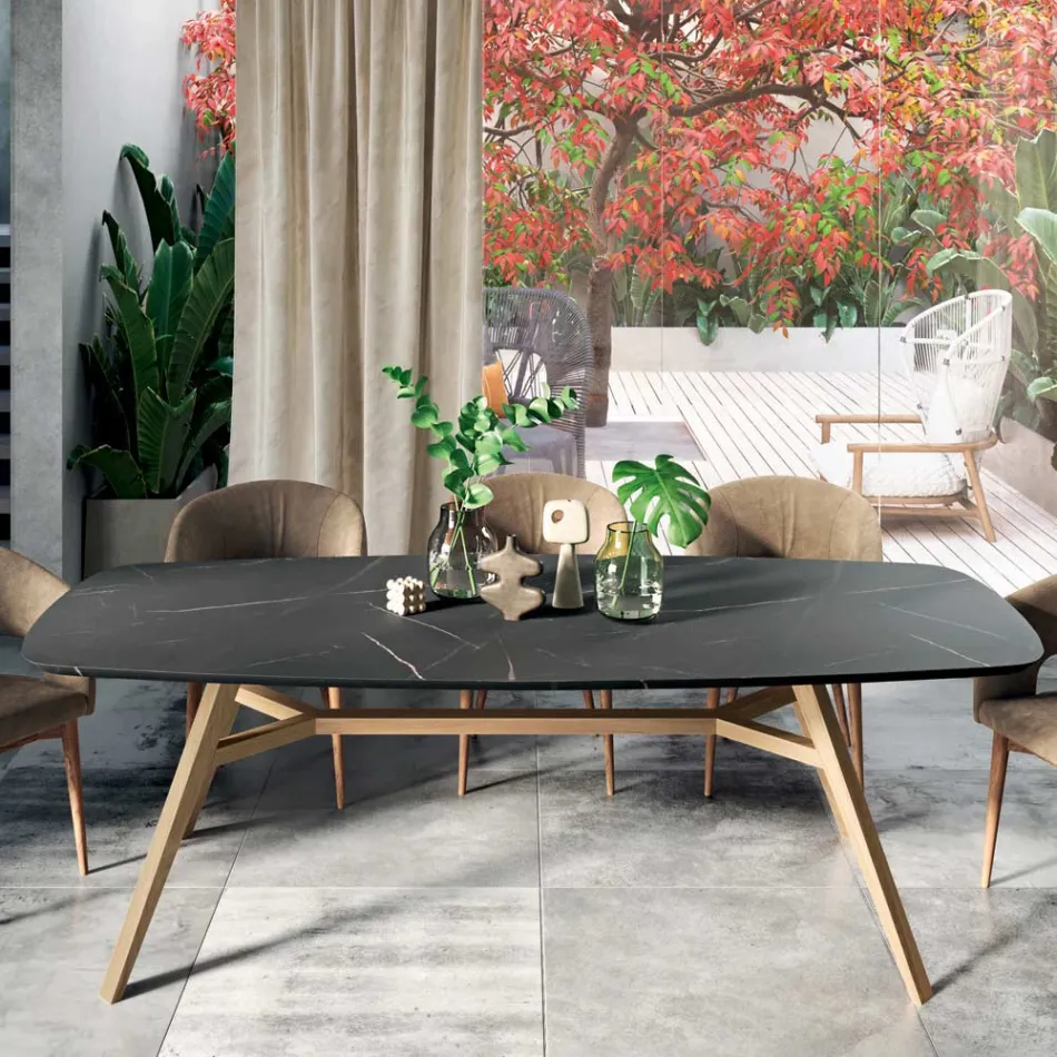 Mesa fixa em formato de barril em madeira laminada e freixo fabricada na Itália - Norte Viadurini