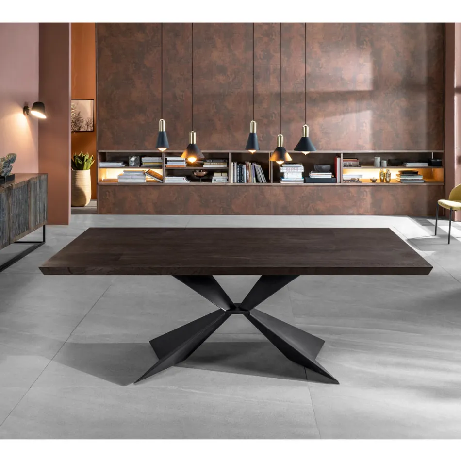 Mesa Fixa com Base Metálica e Tampo em Carvalho Folheado - Azul Marinho Viadurini