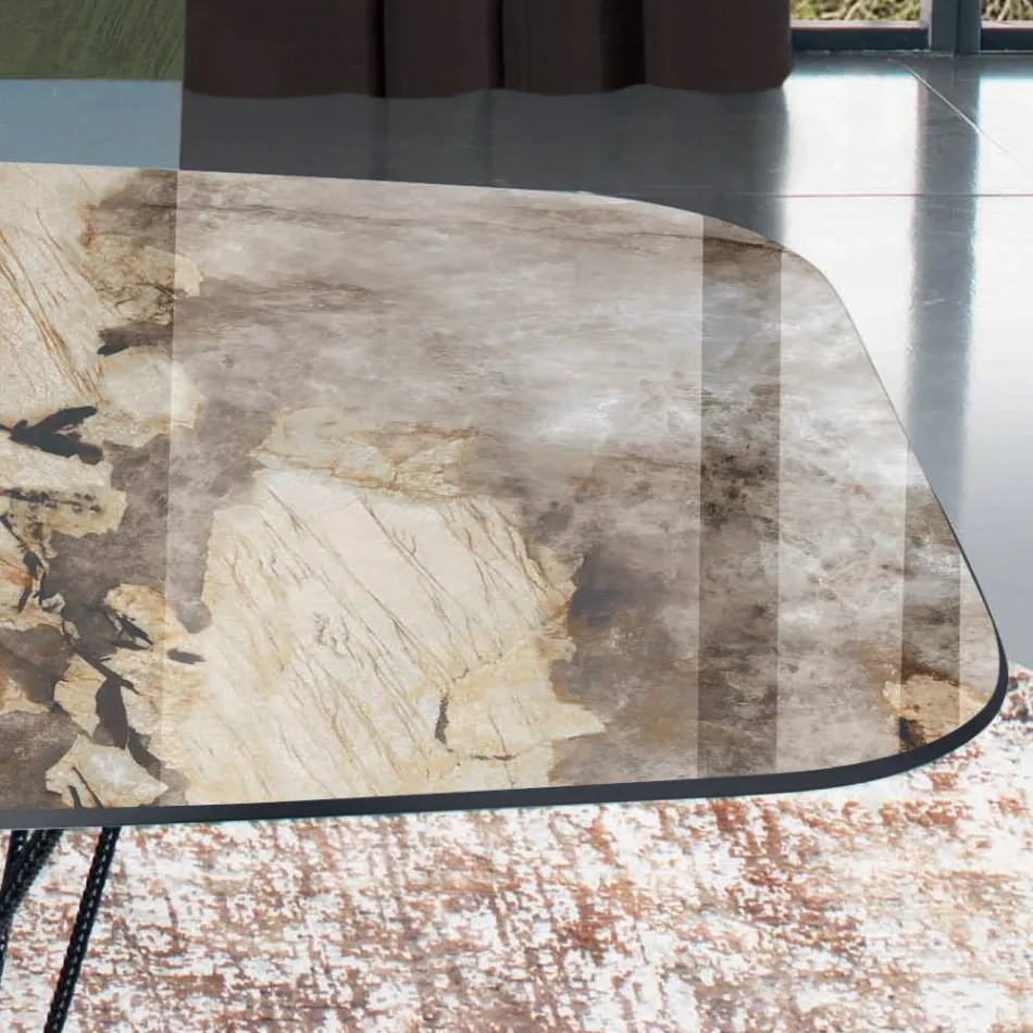 Mesa Fixa com Tampo Cerâmico em Barril e Base em Aço Fabricado na Itália - Ezzellino Viadurini