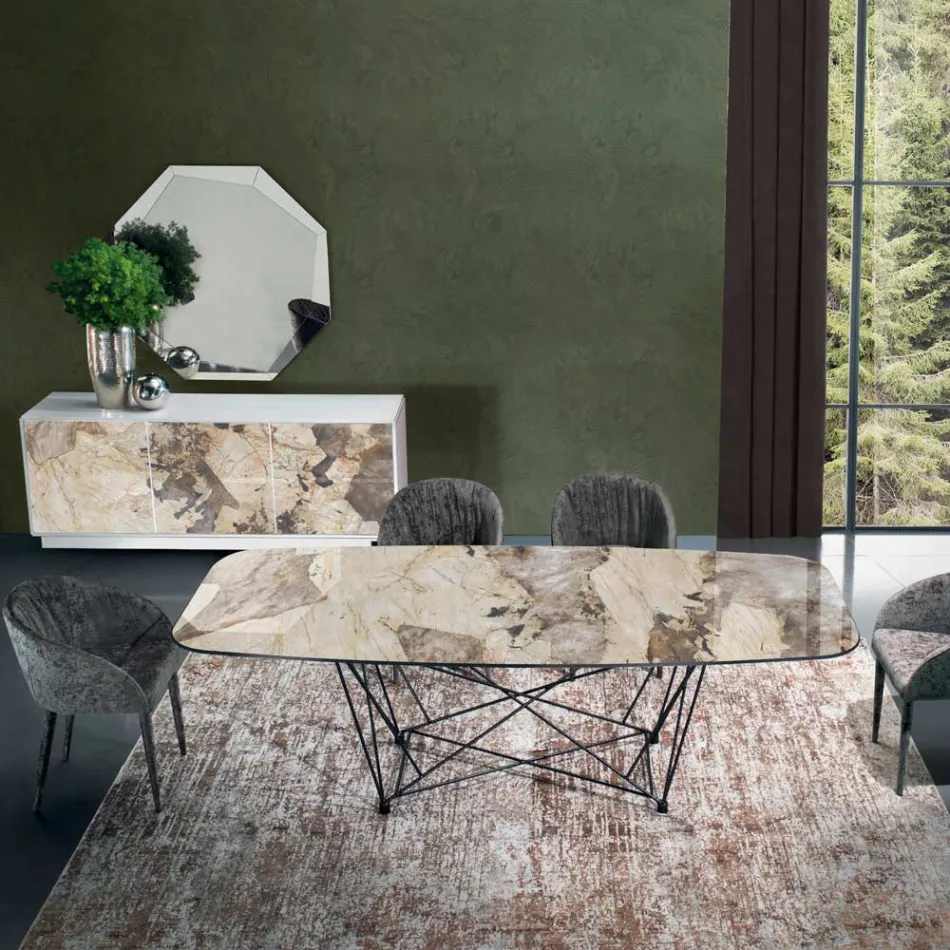 Mesa Fixa com Tampo Cerâmico em Barril e Base em Aço Fabricado na Itália - Ezzellino Viadurini