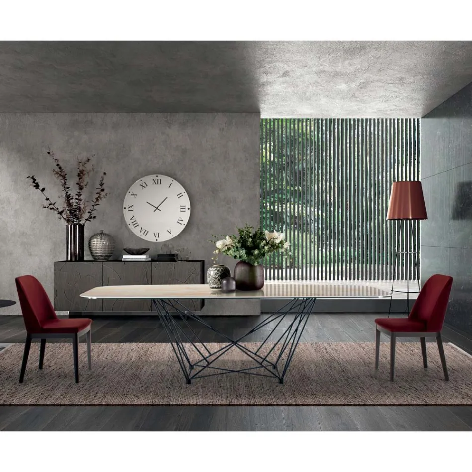 Mesa Fixa com Tampo Cerâmico em Barril e Base em Aço Fabricado na Itália - Ezzellino Viadurini