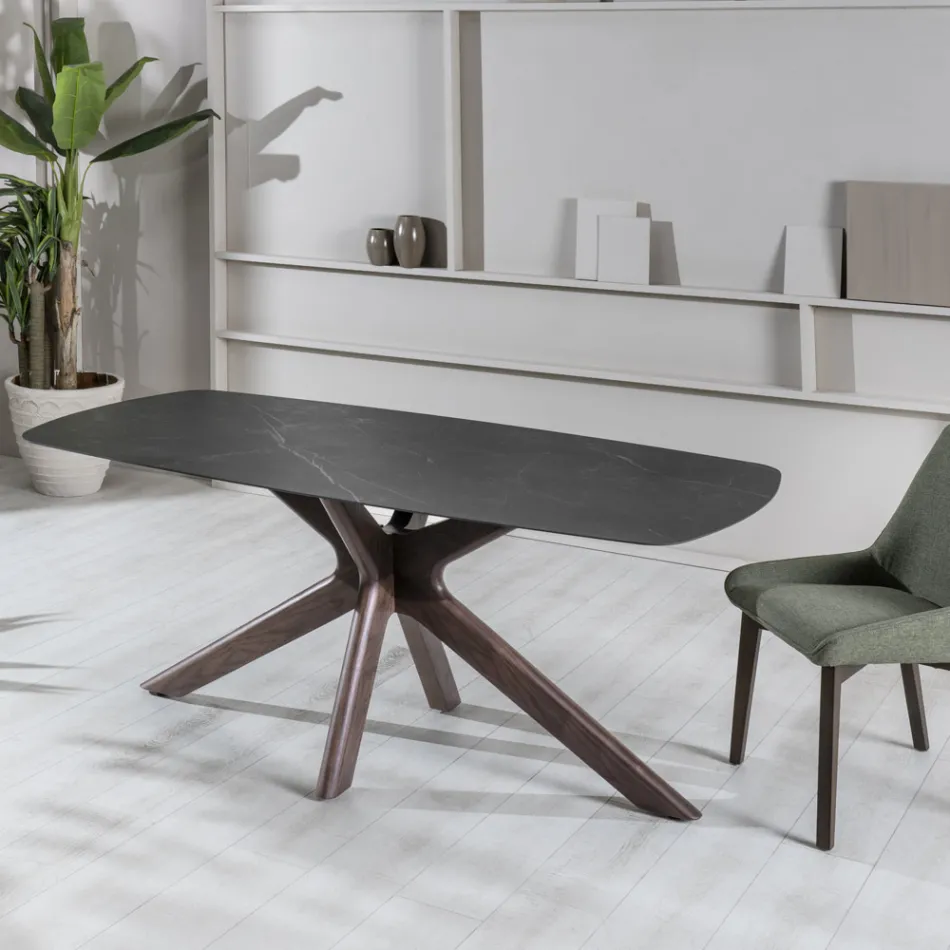 Mesa Fixa com Tampo Cerâmico e Base Maciça em Madeira de Nogueira - Laranja Viadurini