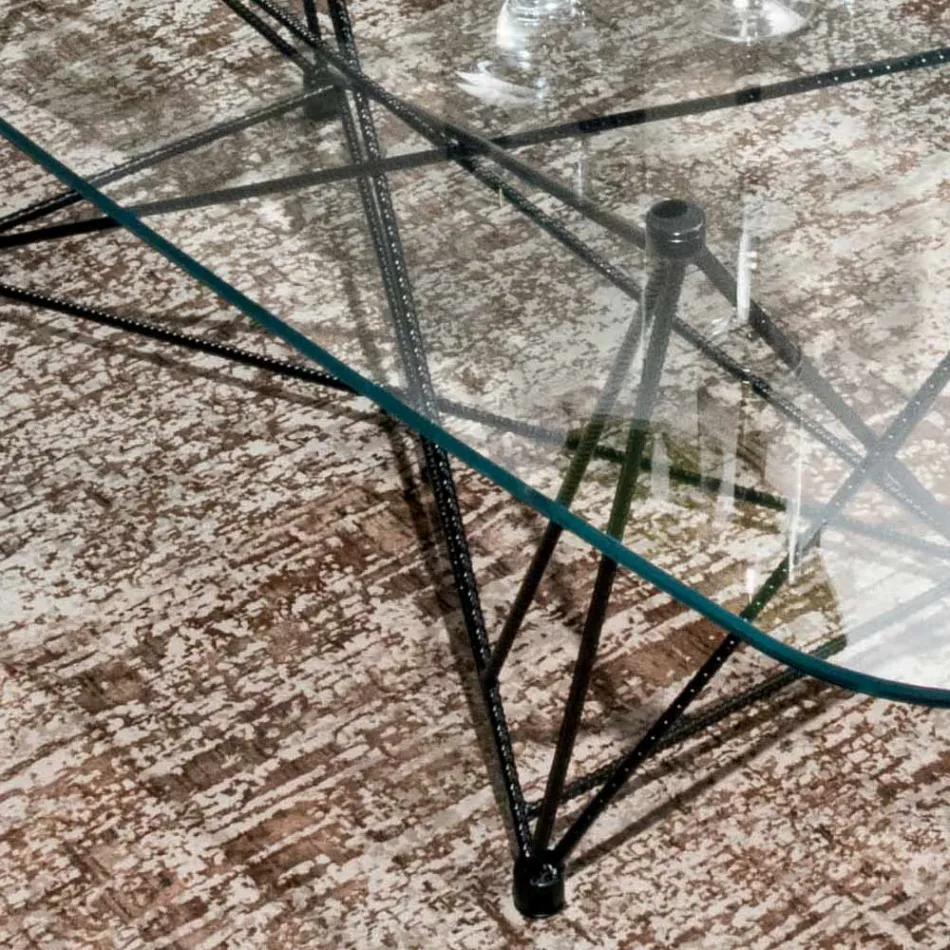 Mesa Fixa com Tampo de Vidro em Forma de Barril e Base em Aço Fabricado na Itália - Ezzellino Viadurini