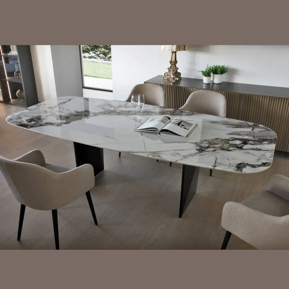 Mesa Fixa em Metal e Tampo Cerâmico Arabesco Brilhante - Eronte Viadurini