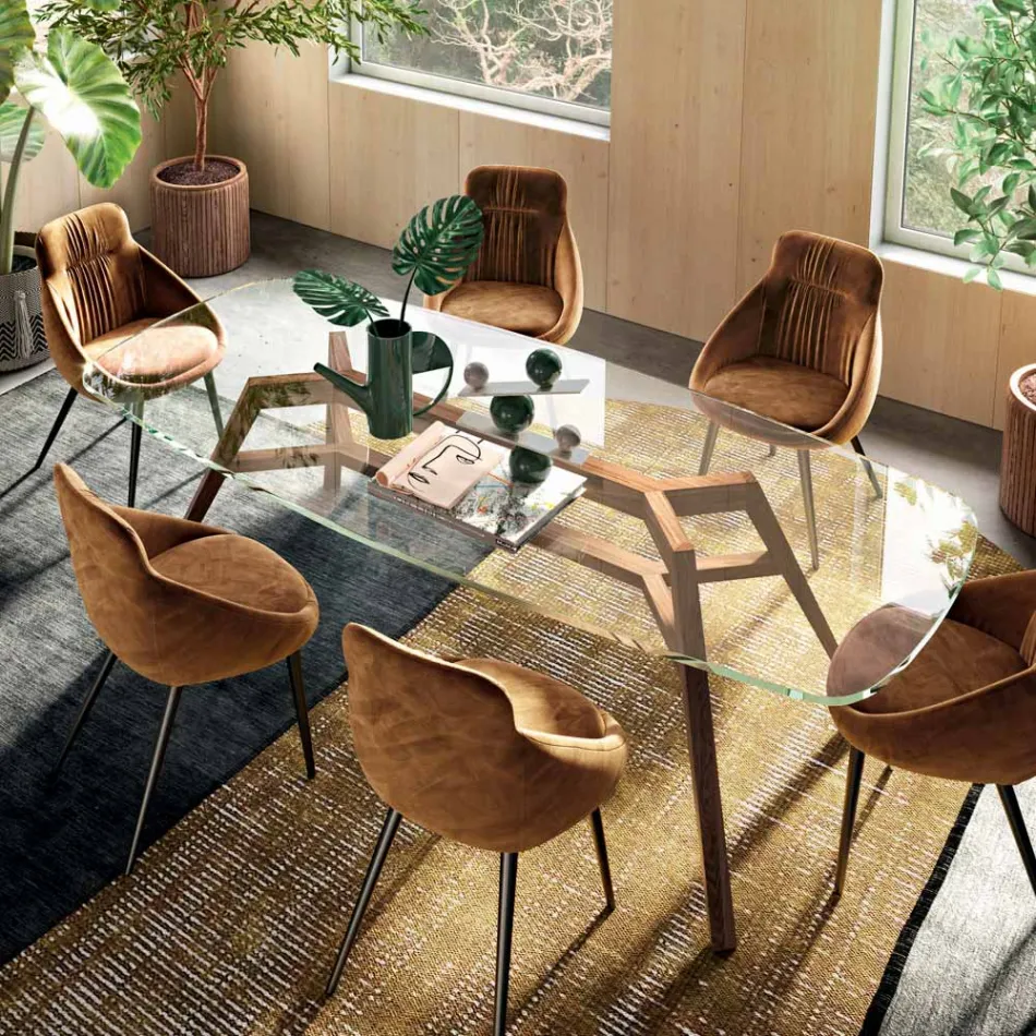 Mesa Fixa em Vidro Extra Transparente e Freixo Made in Italy - Norte Viadurini