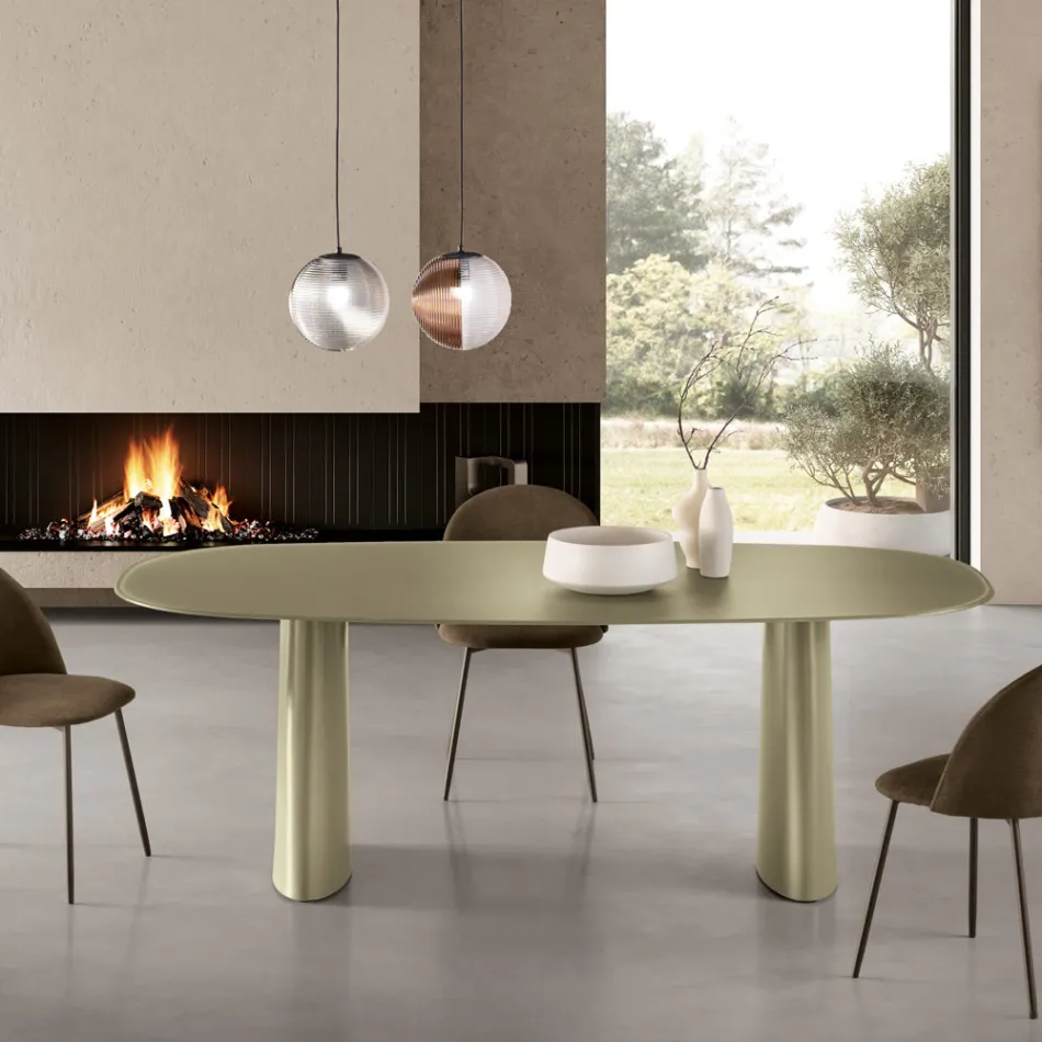 Mesa fixa para dez pessoas com tampo de vidro e base em MDF - Venia Viadurini