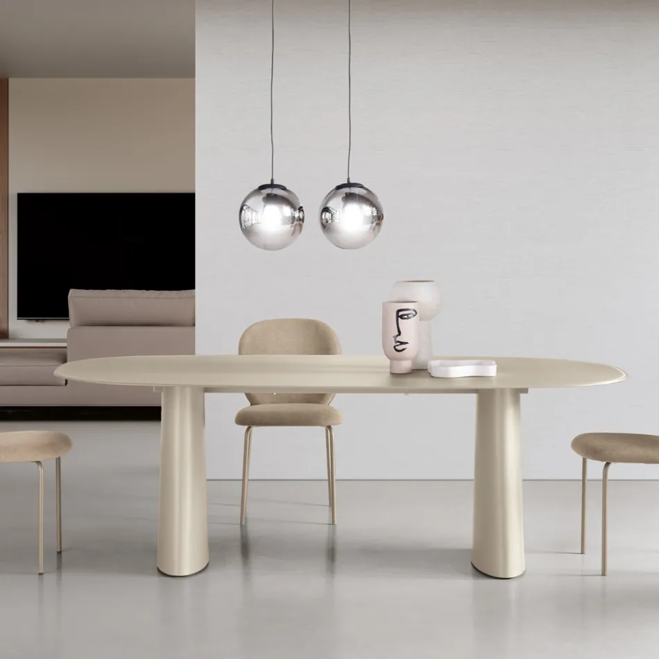 Mesa fixa para dez pessoas com tampo de vidro e base em MDF - Venia Viadurini