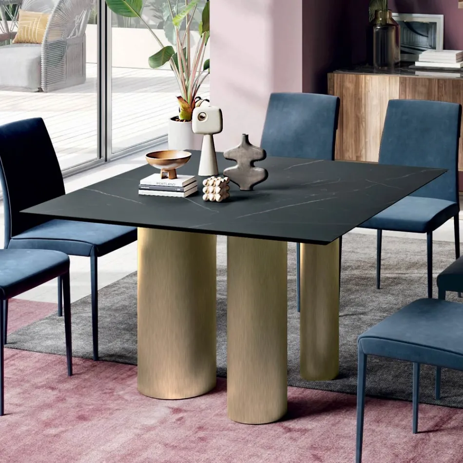 Mesa Quadrada Fixa em Laminado e Aço Fabricado na Itália - Tesoura Viadurini