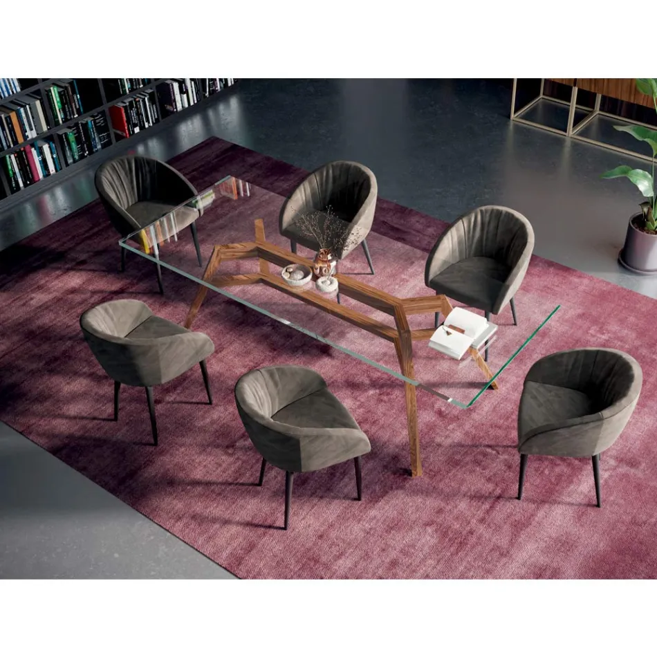 Mesa Retangular Fixa em Vidro Extra Transparente e Freixo Made in Italy - Norte Viadurini