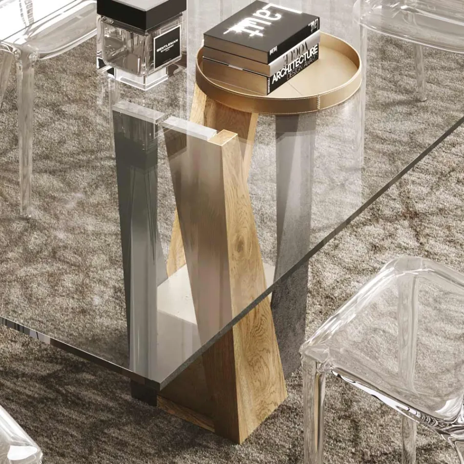 Mesa Living de Cristal com Base em Madeira e Metal Made in Italy - Dementador Viadurini