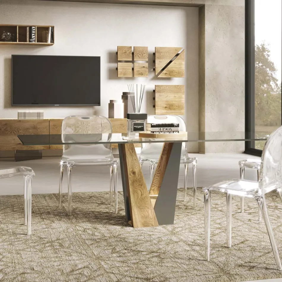 Mesa Living Cristal com Base em Madeira e Metal Made in Italy - Dementador Viadurini