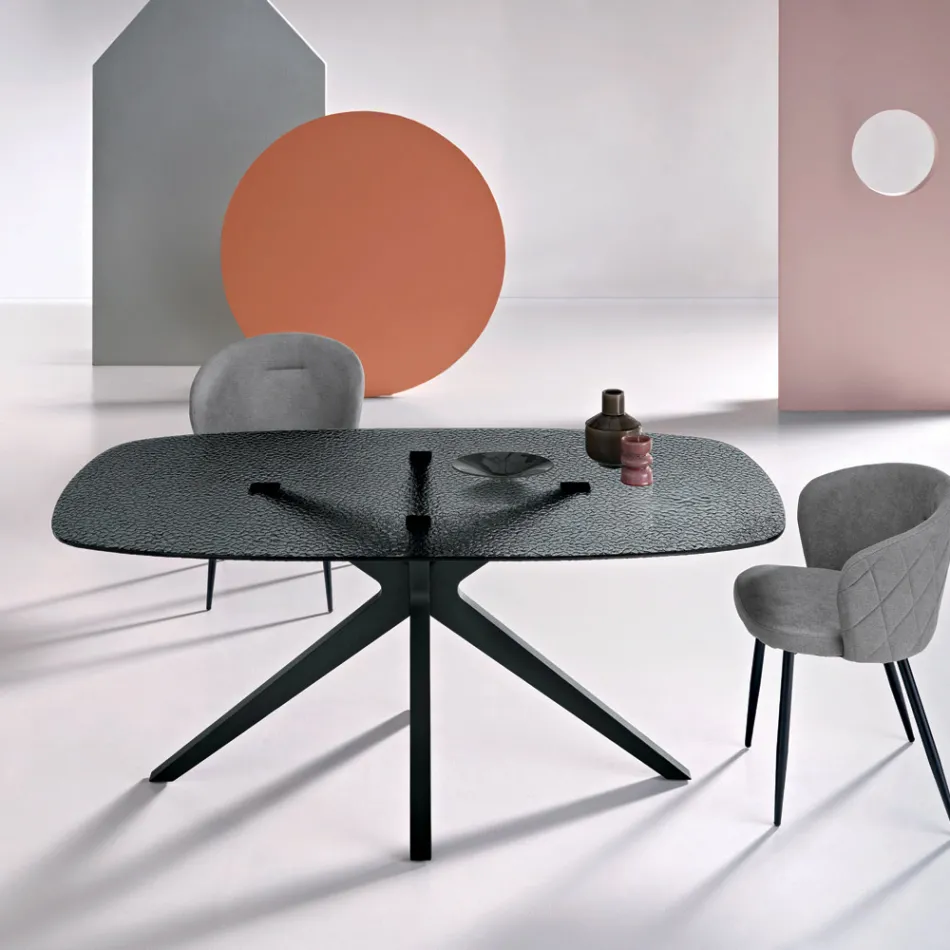 Mesa oval de 180x100 cm em vidro martelado fumê e metal - Domus Viadurini
