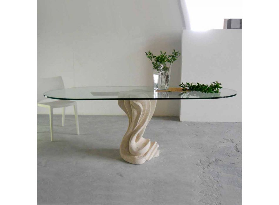 Mesa de pedra oval com tampo de cristal no moderno design Agave Viadurini