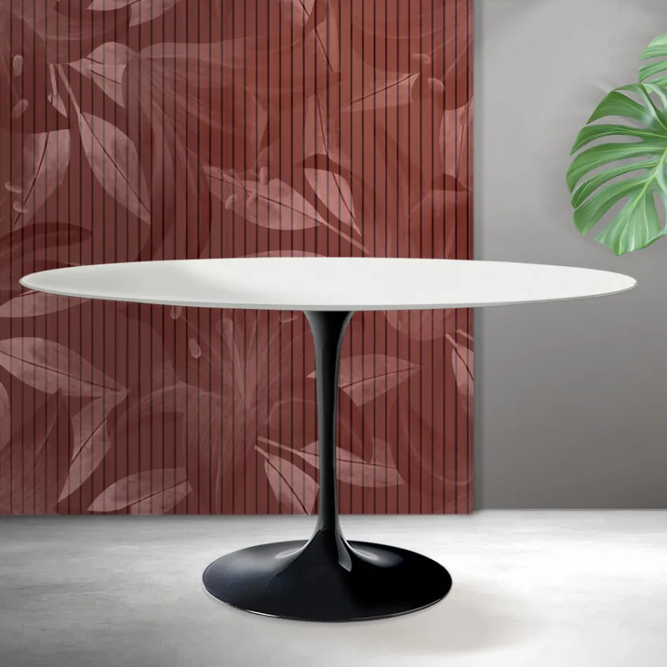 Mesa oval Tulip Saarinen, 74 cm de altura, em cerâmica Florim branca fosca - Scarlet Viadurini