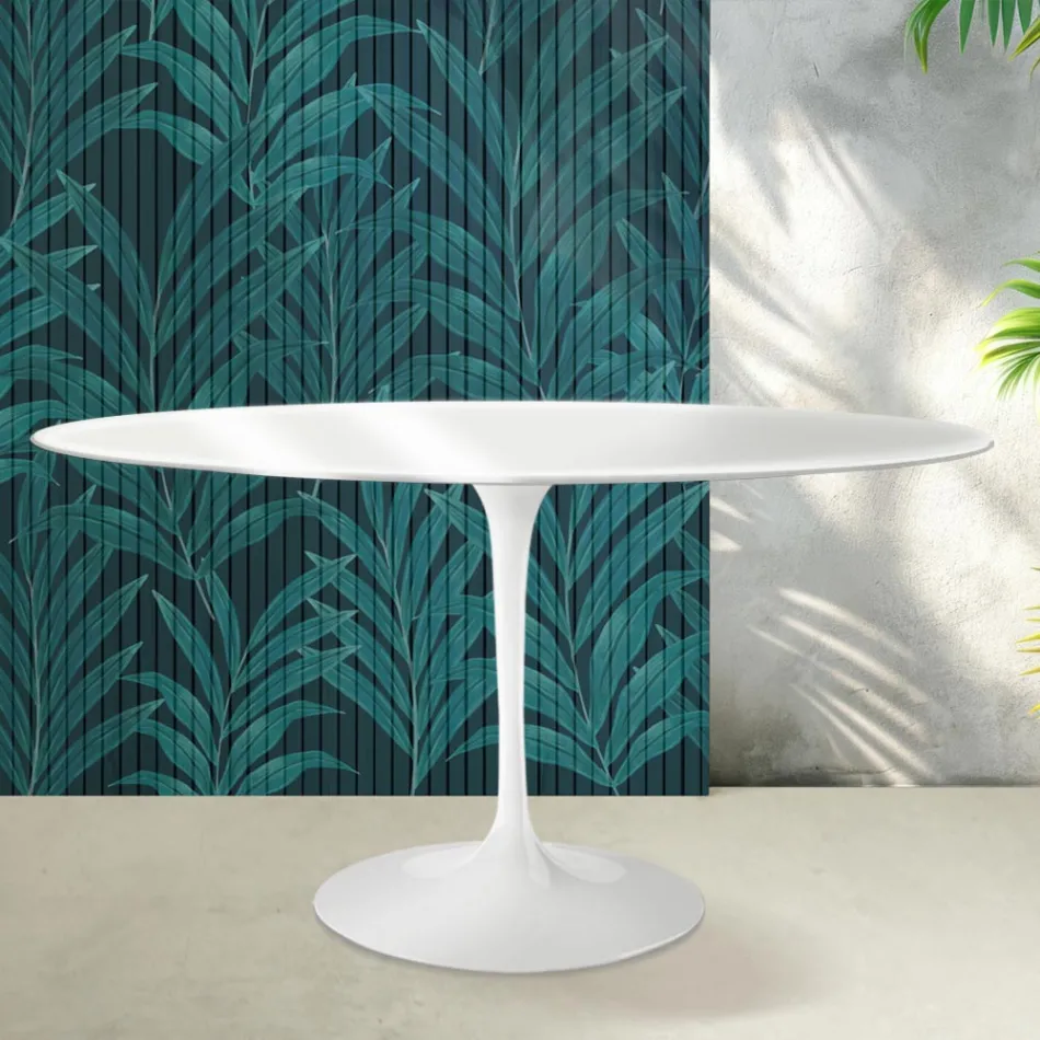 Mesa oval Saarinen Tulip, 74 cm de altura, em cerâmica Florim branca brilhante - Scarlet Viadurini