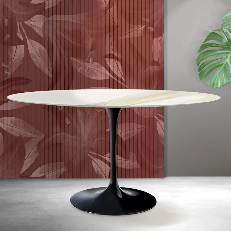 Mesa oval Tulip Saarinen, 74 cm de altura, em cerâmica Florim Calacatta Gold Matt - Scarlet Viadurini