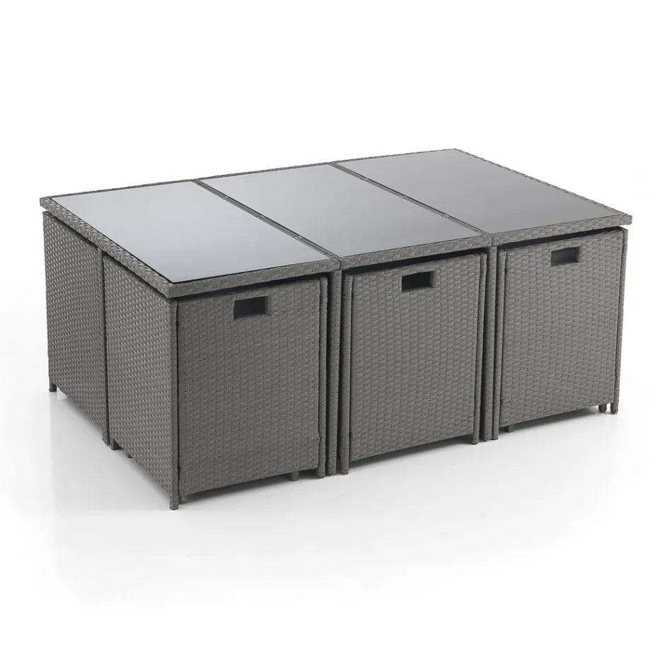 Mesa interior e exterior com 6 cadeiras com encosto reclinável e 4 pufes - Venir Viadurini