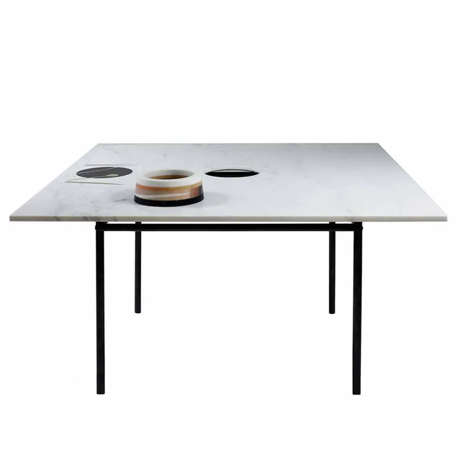 Mesa de Jantar Quadrada com Vaso e Embutimento em Mármore Luxo 140 cm - Vesúvio Viadurini