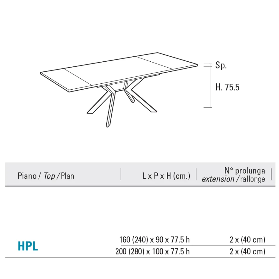 Mesa retangular extensível até 240 ou 280 cm em HPL e Metal - Presente Viadurini
