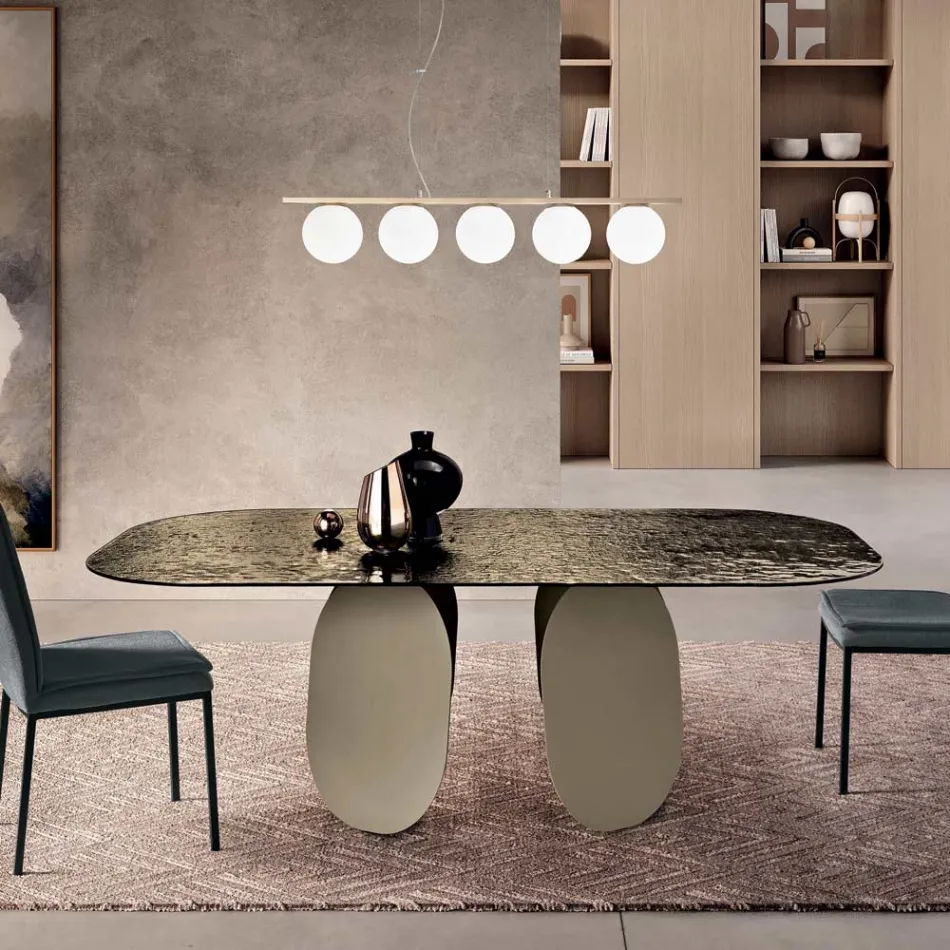 Mesa retangular com tampo de vidro martelado e acabamento prateado, fabricada na Itália - Almo Viadurini