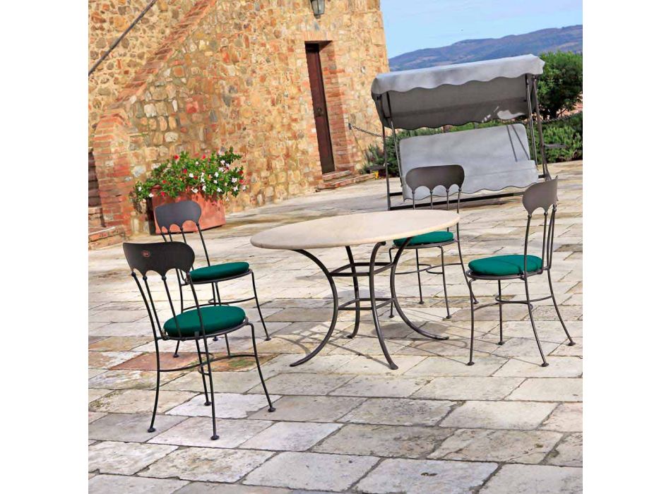 Mesa redonda ao ar livre com tampo de travertino Fabricado na Itália - Escócia Viadurini
