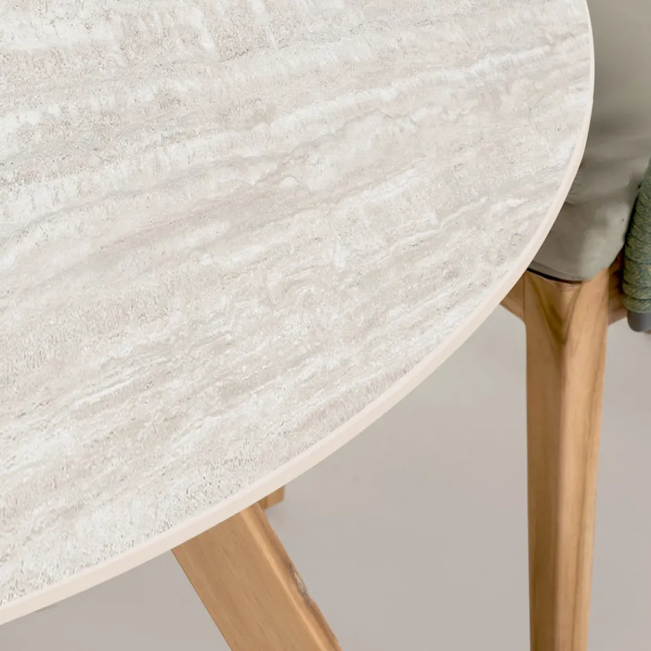 Mesa Externa Redonda em Cerâmica Travertino Leve Made in Italy - Pegaso Viadurini