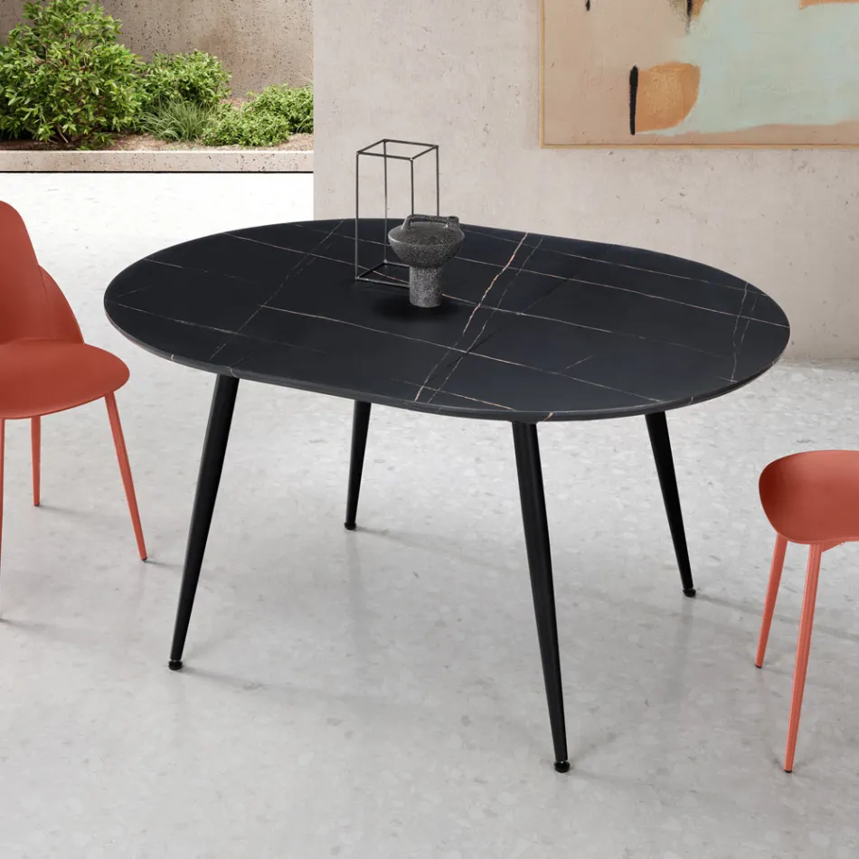 Mesa redonda de seis lugares com tampo em MDF e base de metal - Croma Viadurini