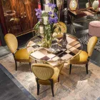 Mesa redonda Modeno com tampo de vidro e incrustações de madeira Ozzy Viadurini