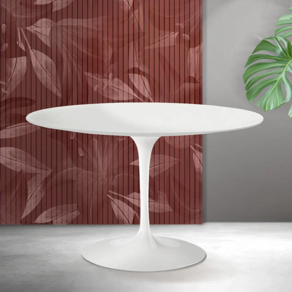 Mesa redonda Saarinen Tulip, 74 cm de altura, em cerâmica Florim branca fosca - Scarlet Viadurini