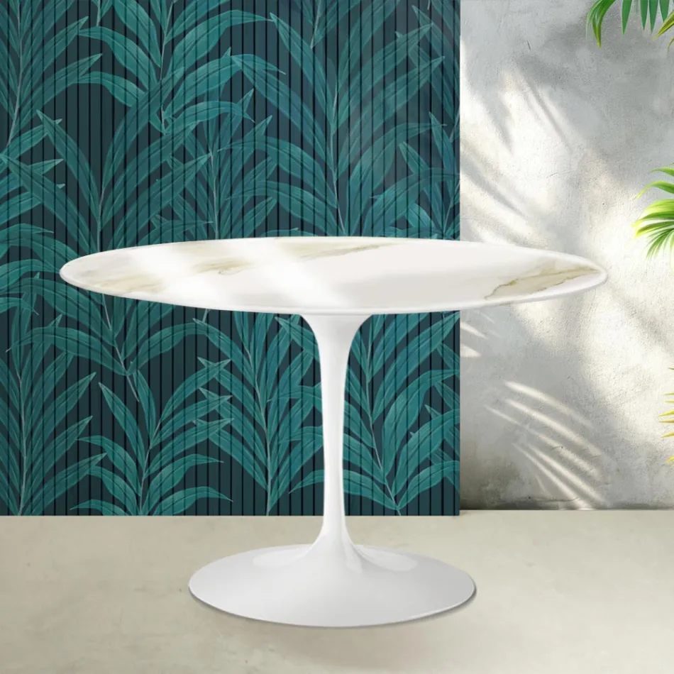 Mesa redonda Saarinen Tulip, 74 cm de altura, em cerâmica Florim Calacatta Gold Gloss - Scarlet Viadurini