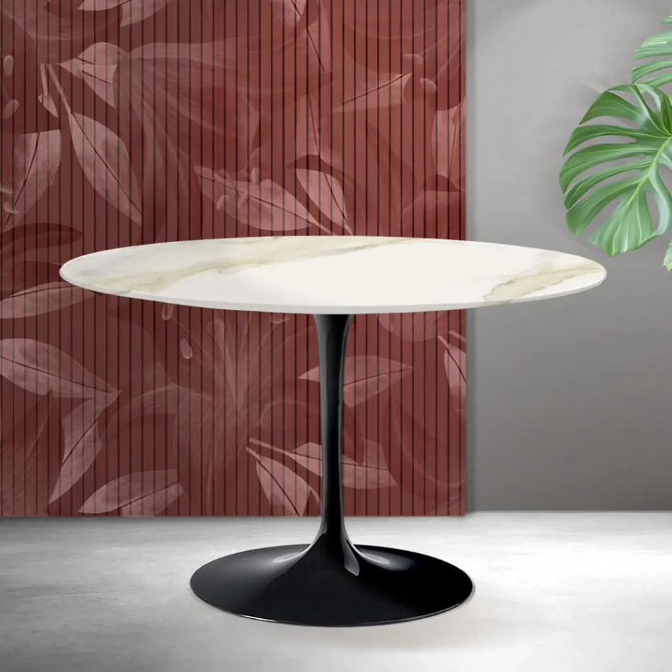 Mesa redonda Saarinen Tulip, 74 cm de altura, em cerâmica Florim Calacatta Gold Matt - Scarlet Viadurini