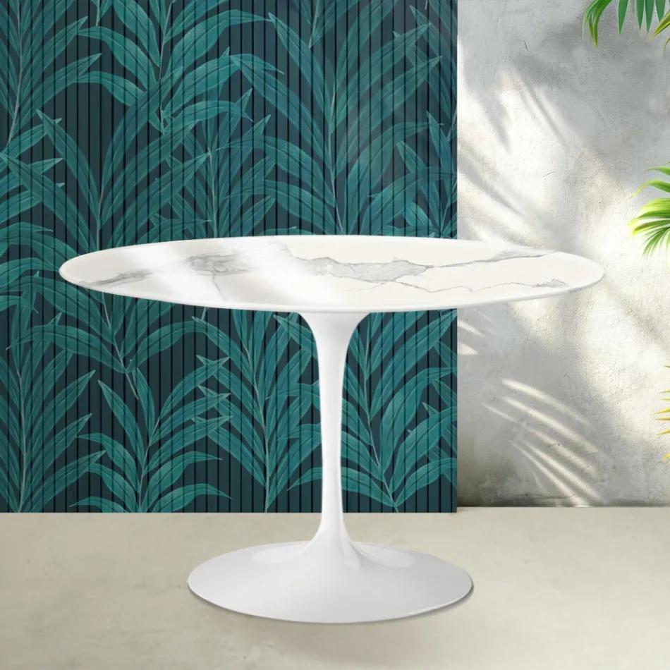 Mesa redonda Tulipa Saarinen, 74 cm de altura, em cerâmica Statuario Florim brilhante - Scarlet Viadurini